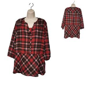 KC Khaki & Co Notched V-Neck 3/4 Sleeve Sheer Red Plaid Blouse Size XL